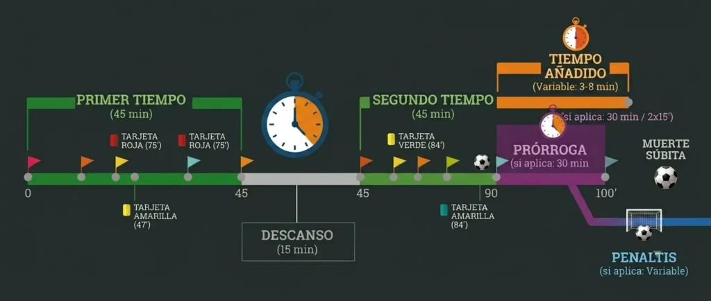 división del tiempo que indican la duración de un partido de fútbol